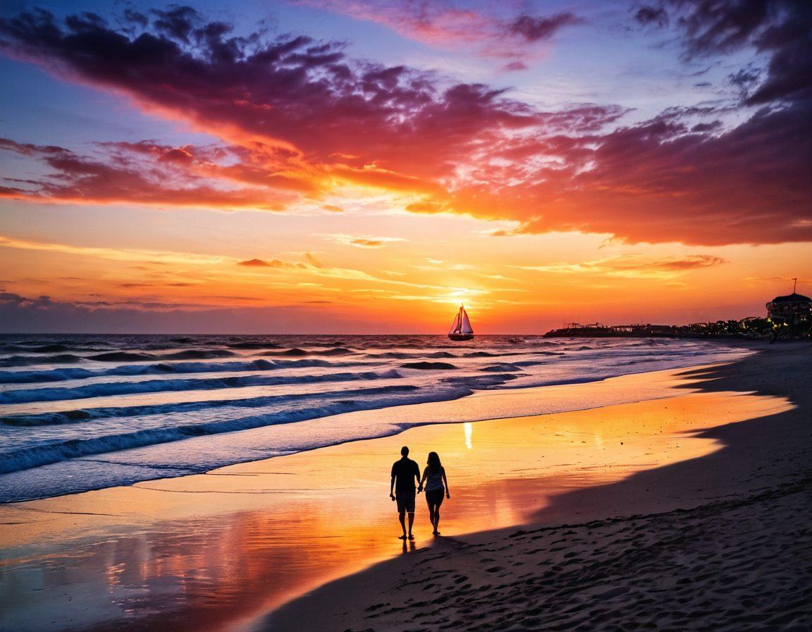 A picturesque sunset over Port Galveston, featuring a couple walking hand-in-hand on a sandy beach, surrounded by playful waves and soft pastel colors in the sky. Romantic candlelit dinner setup on the beach with fairy lights twinkling above, highlighting the mood of love and adventure. A vintage sailboat in the distance adds to the charm, evoking a sense of escape. vibrant colors. super-realistic.