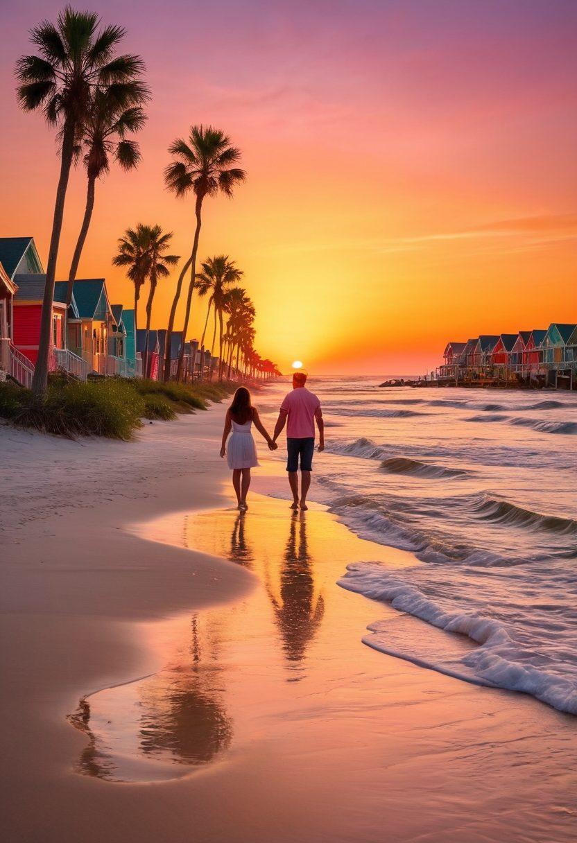 A couple holding hands while walking along a picturesque Galveston beach at sunset, surrounded by palm trees and colorful beach huts. The scene captures the essence of romance with soft waves crashing against the shore and a heart-shaped sand sculpture nearby. Gentle hues of orange and pink fill the sky, creating a warm, inviting atmosphere. super-realistic. vibrant colors. warm tones.