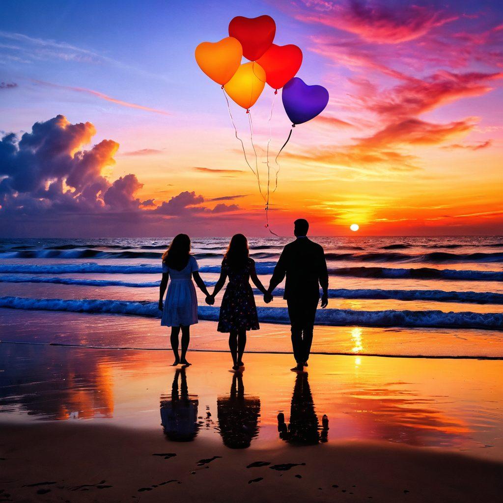 A romantic sunset over Galveston Beach, featuring a couple holding hands and enjoying a cozy picnic with heart-shaped balloons and candles around them. The ocean waves create a magical atmosphere as colorful fireworks light up the sky in the background. Include warm, inviting colors and soft lighting that evoke love and connection. super-realistic. vibrant colors.